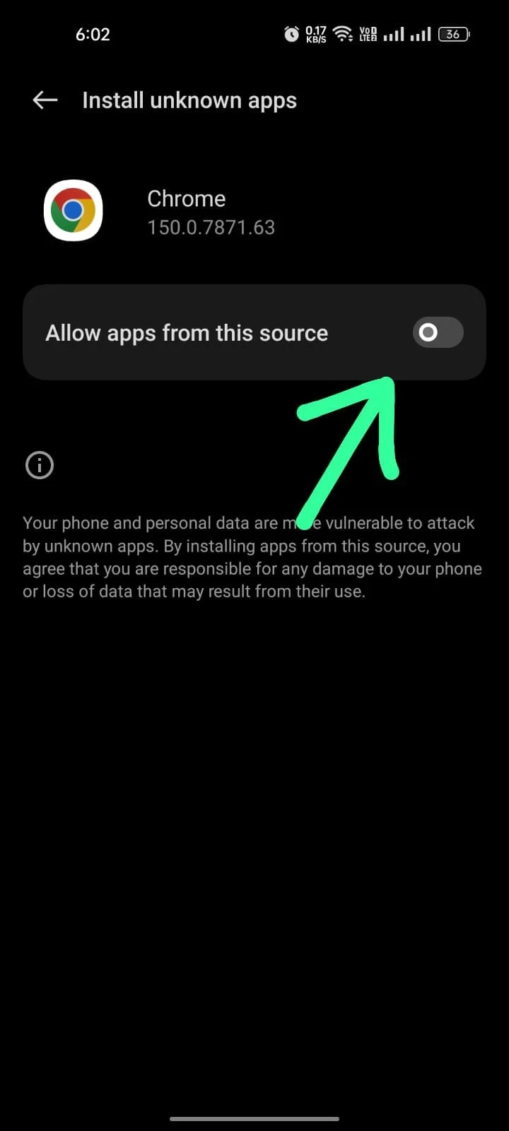 Android Install Unknown Apps screen with the Allow apps from this source toggle switched on for Chrome