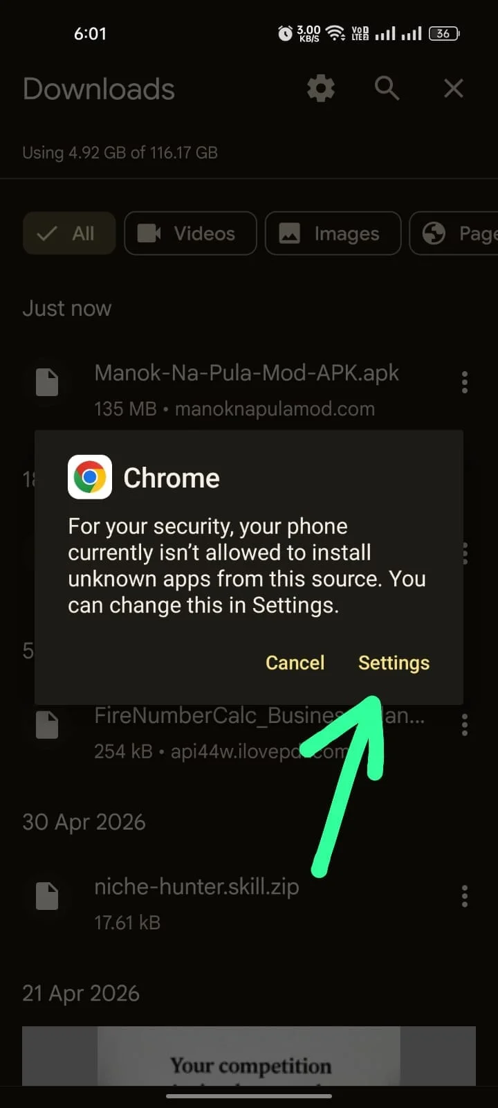 Chrome security prompt saying the phone is not allowed to install unknown apps from this source, with a Settings button