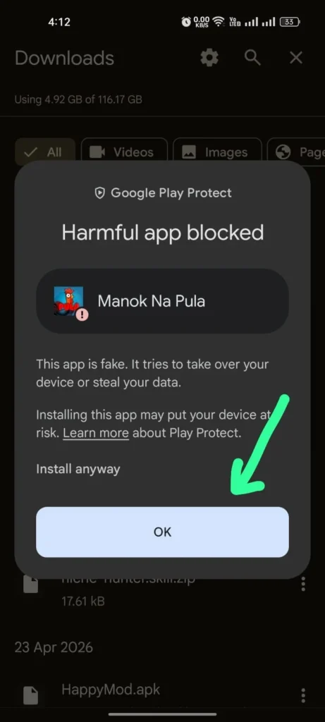 Google Play Protect warning labeled Harmful app blocked for the Manok Na Pula APK, with an Install anyway option