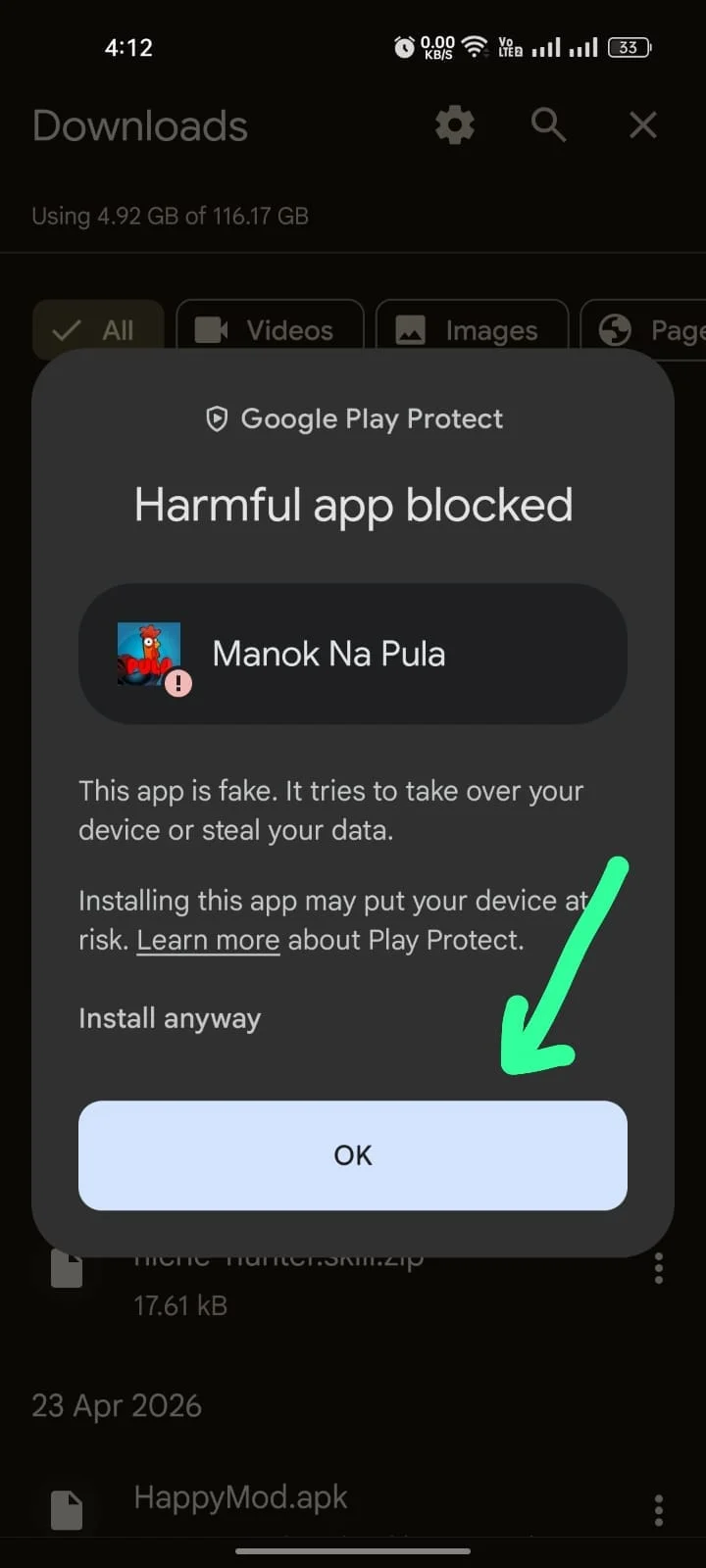 Google Play Protect warning labeled Harmful app blocked for the Manok Na Pula APK, with an Install anyway option