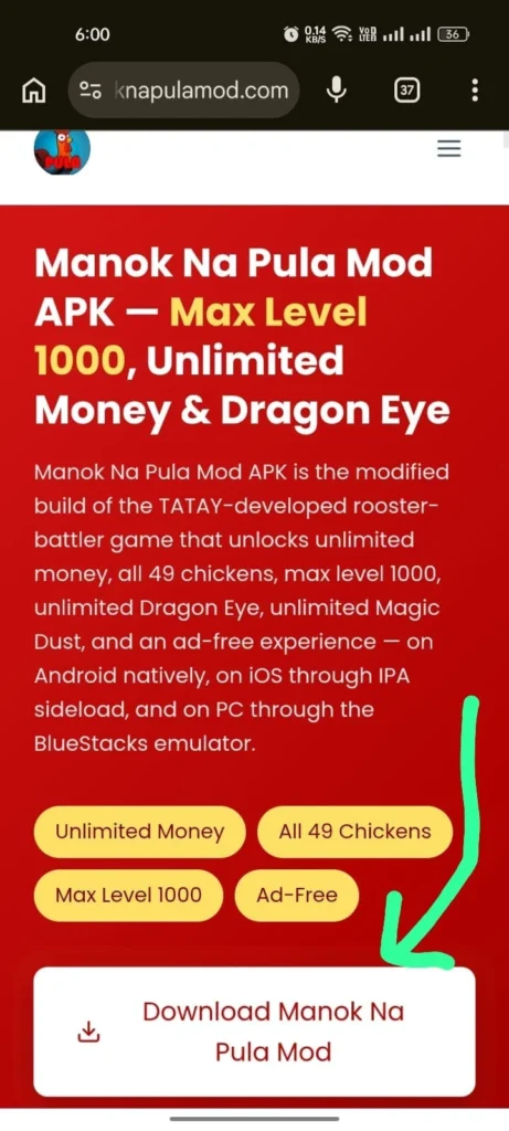 Manok Na Pula Mod APK homepage with the red Download Manok Na Pula Mod button highlighted