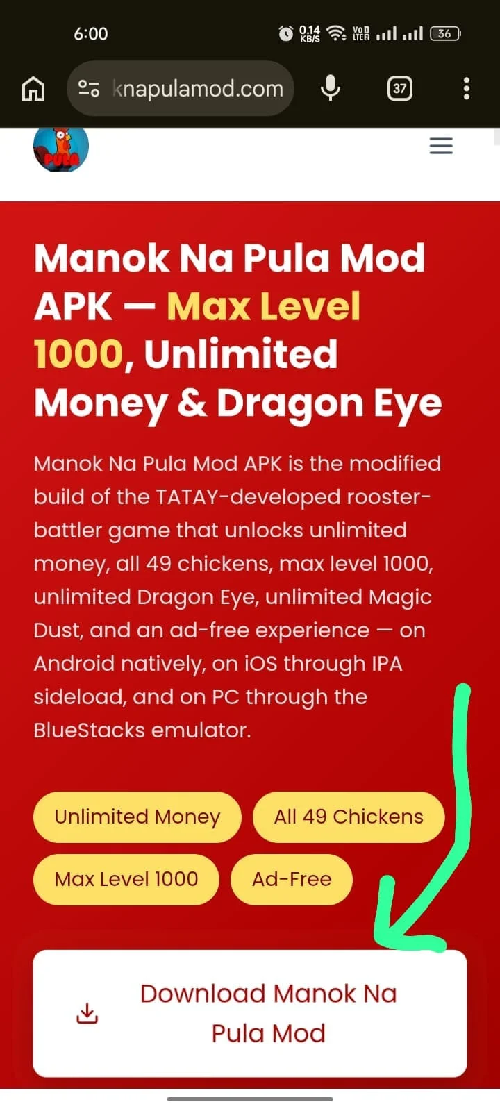 Manok Na Pula Mod APK homepage with the red Download Manok Na Pula Mod button highlighted
