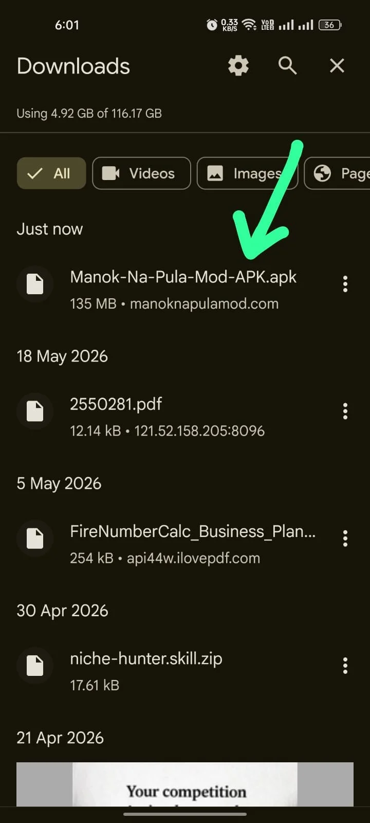 Chrome Downloads list showing the downloaded Manok-Na-Pula-Mod-APK.apk file ready to open