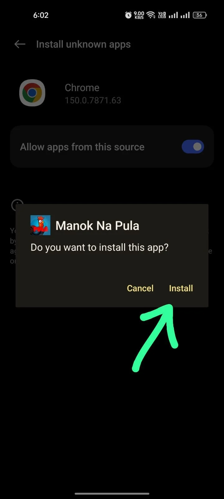Android install confirmation dialog asking Do you want to install this app for Manok Na Pula