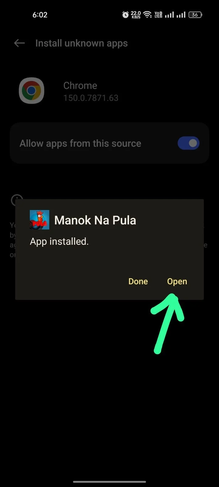 Android app installed confirmation screen for Manok Na Pula with an Open button