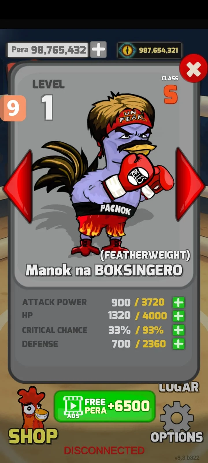 In-game screen showing Manok na Boksingero, a Class S chicken, unlocked with full stats visible at level 1