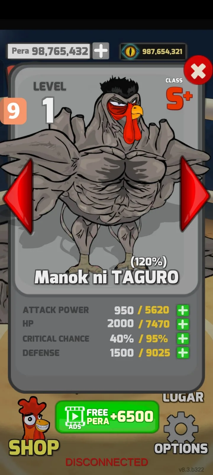 In-game screen showing Manok ni Taguro, a Class S+ chicken, unlocked with full stats visible at level 1