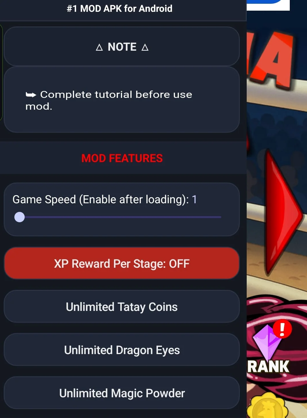 Manok Na Pula Mod menu screen listing mod features including unlimited Tatay Coins, Dragon Eyes, and Magic Powder